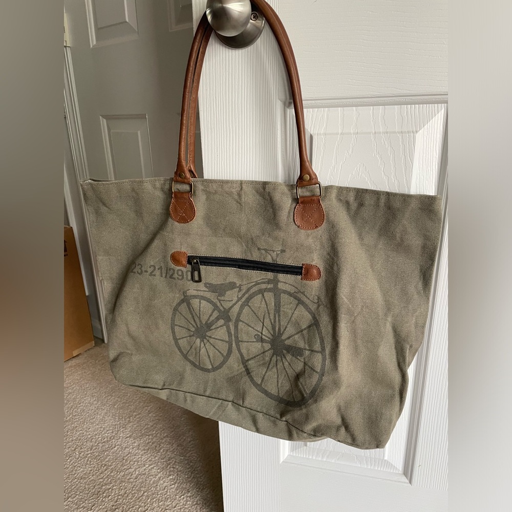 Cotton vintage print tote bag with leather handles